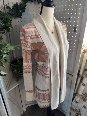 Yes/Lola (Size S) Striped Aztec Open-Front Cardigan Sweater - Cream & Dusty Rose